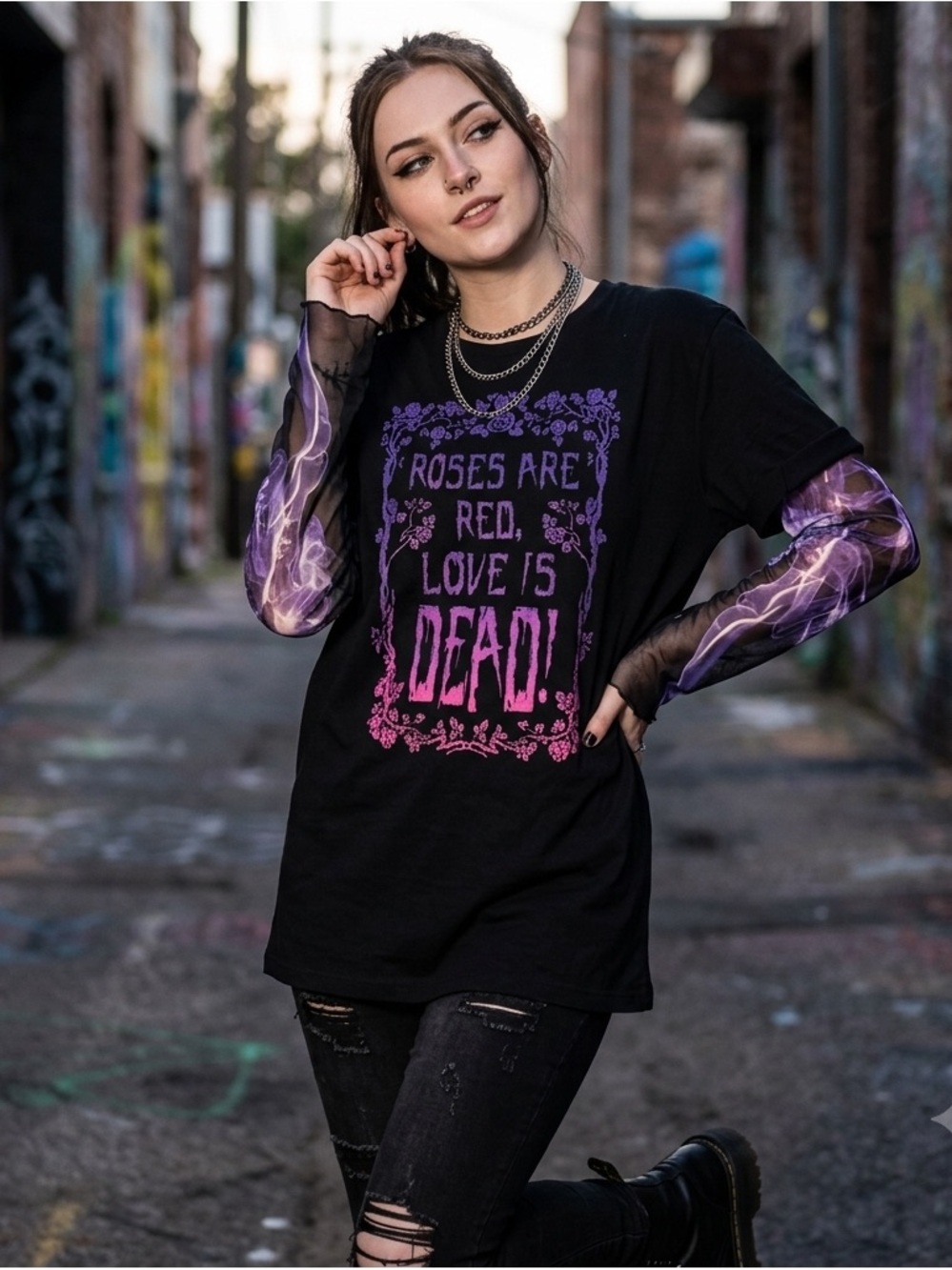 Widow x Dolls Kill Love Is Dead Layered Mesh Sleeve Graphic Tee - Size 1X